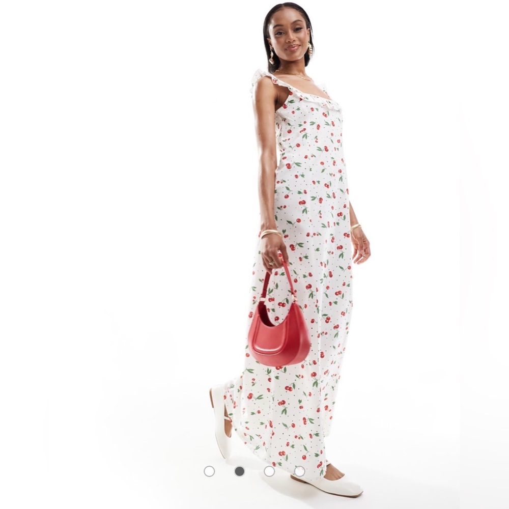 ONLY Tall White Linen Cottton Mix Maxi Dress Cherry Print Ruffle S NWT Cottage